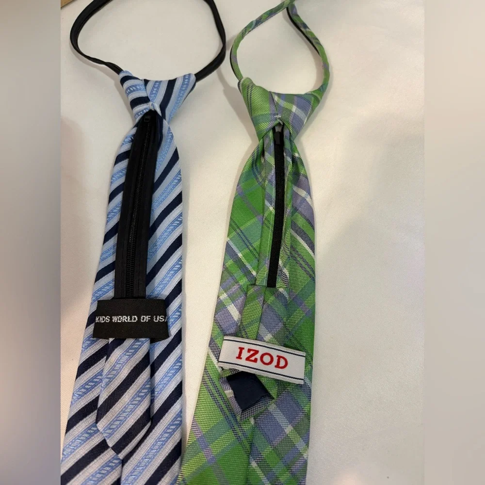 IZod Boys pre-tied neckties green blue plaid and Kids World blue white striped‎